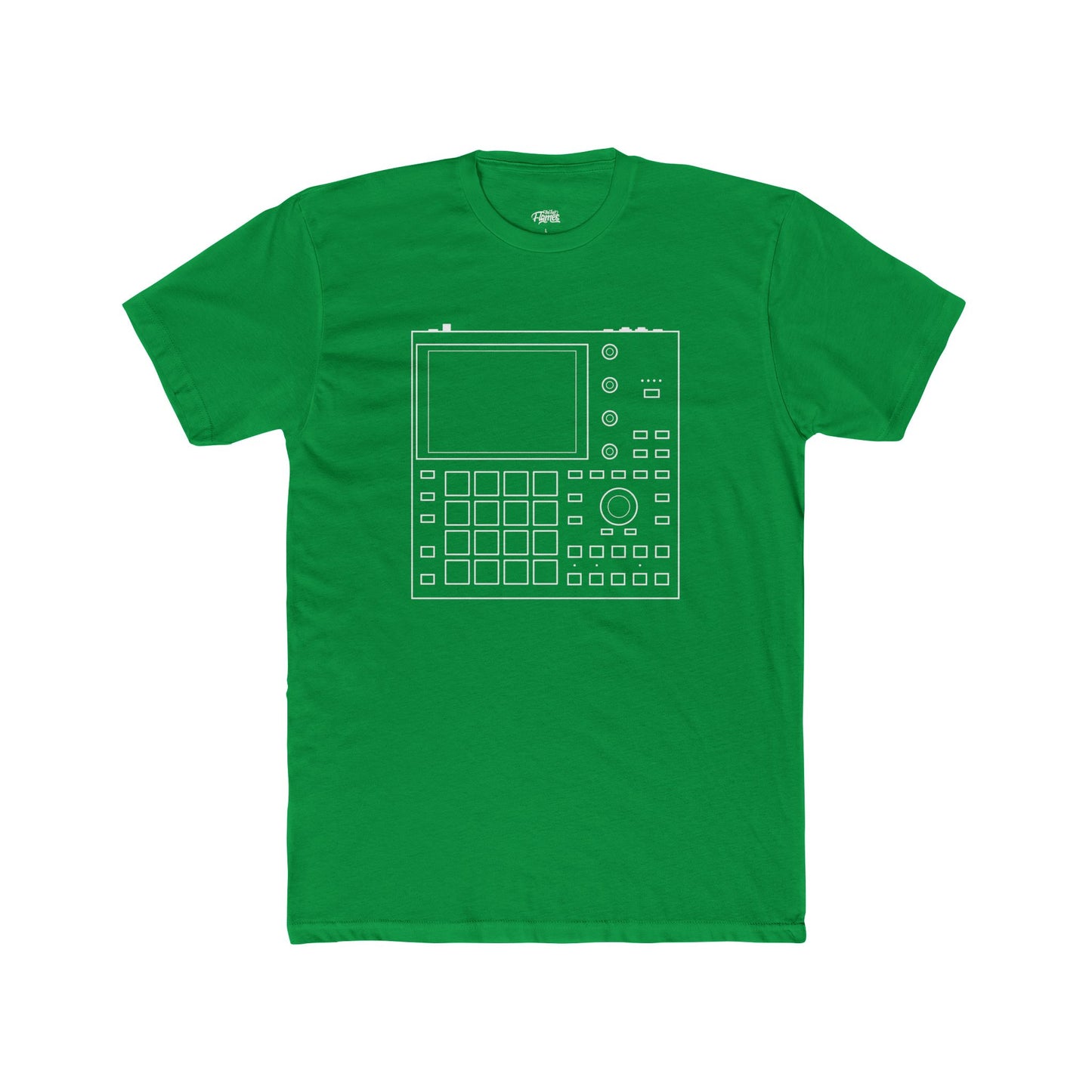 Green t-shirt with a white graphic design on a white background