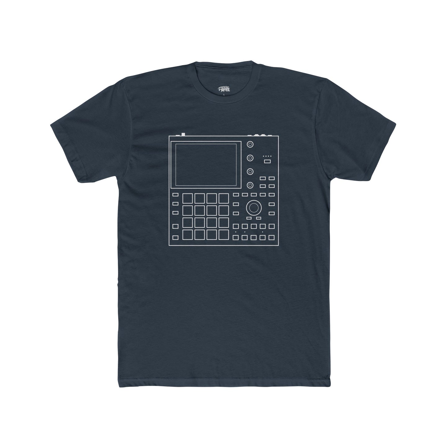 Navy blue t-shirt with a white graphic design on a white background