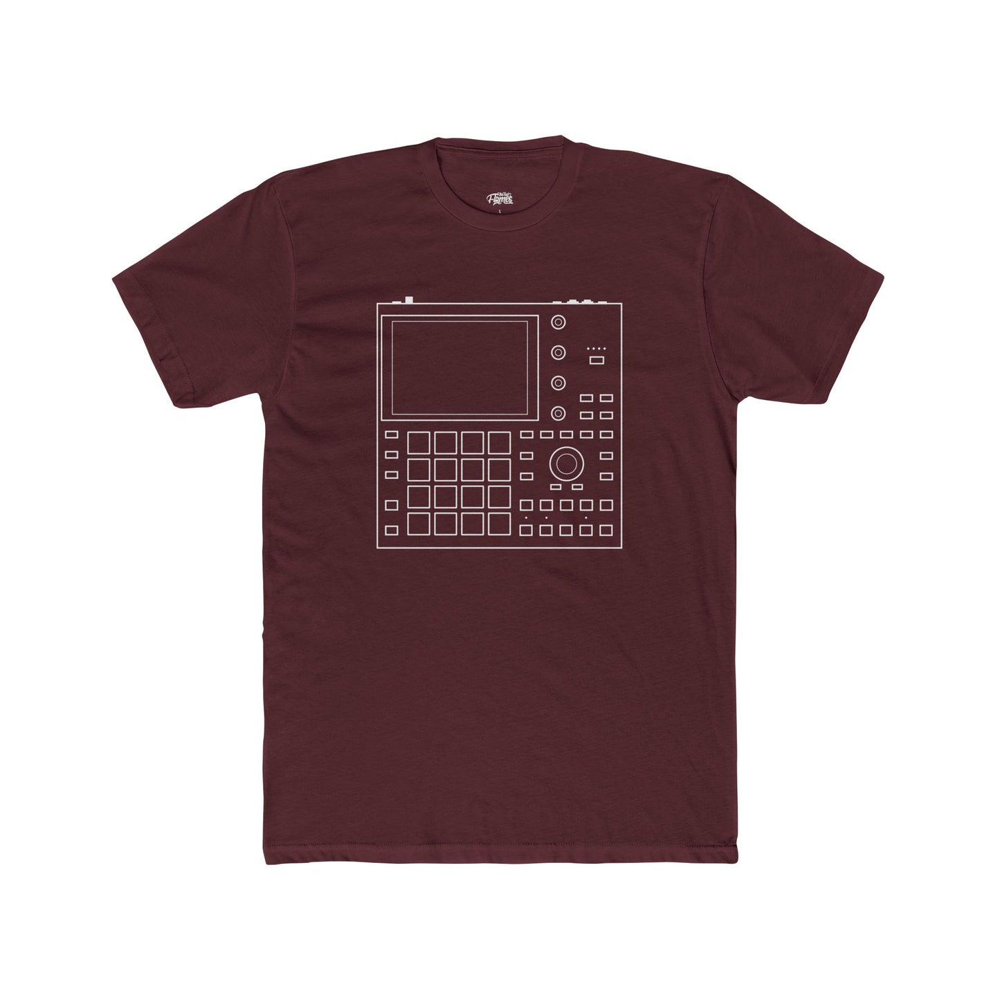 Maroon t-shirt with a white graphic design on a white background