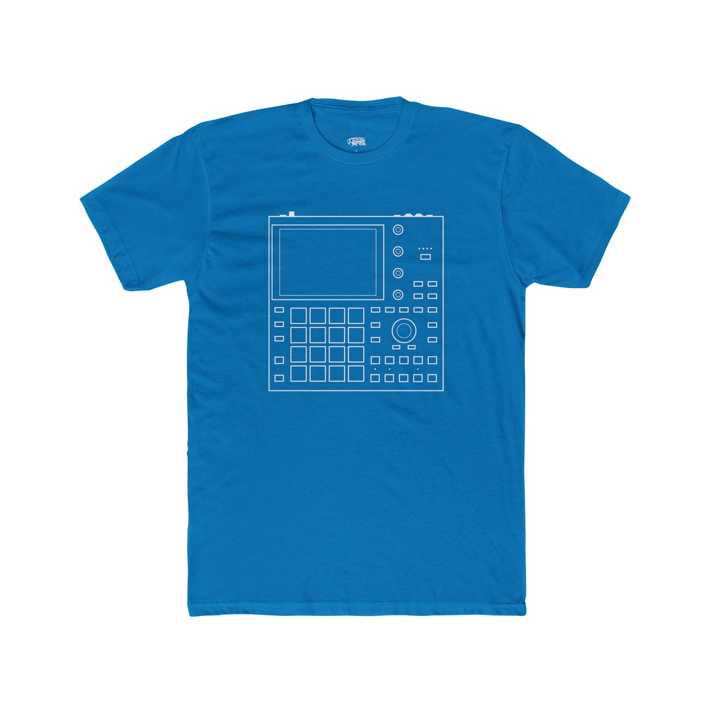 Blue t-shirt with a white graphic design on a white background