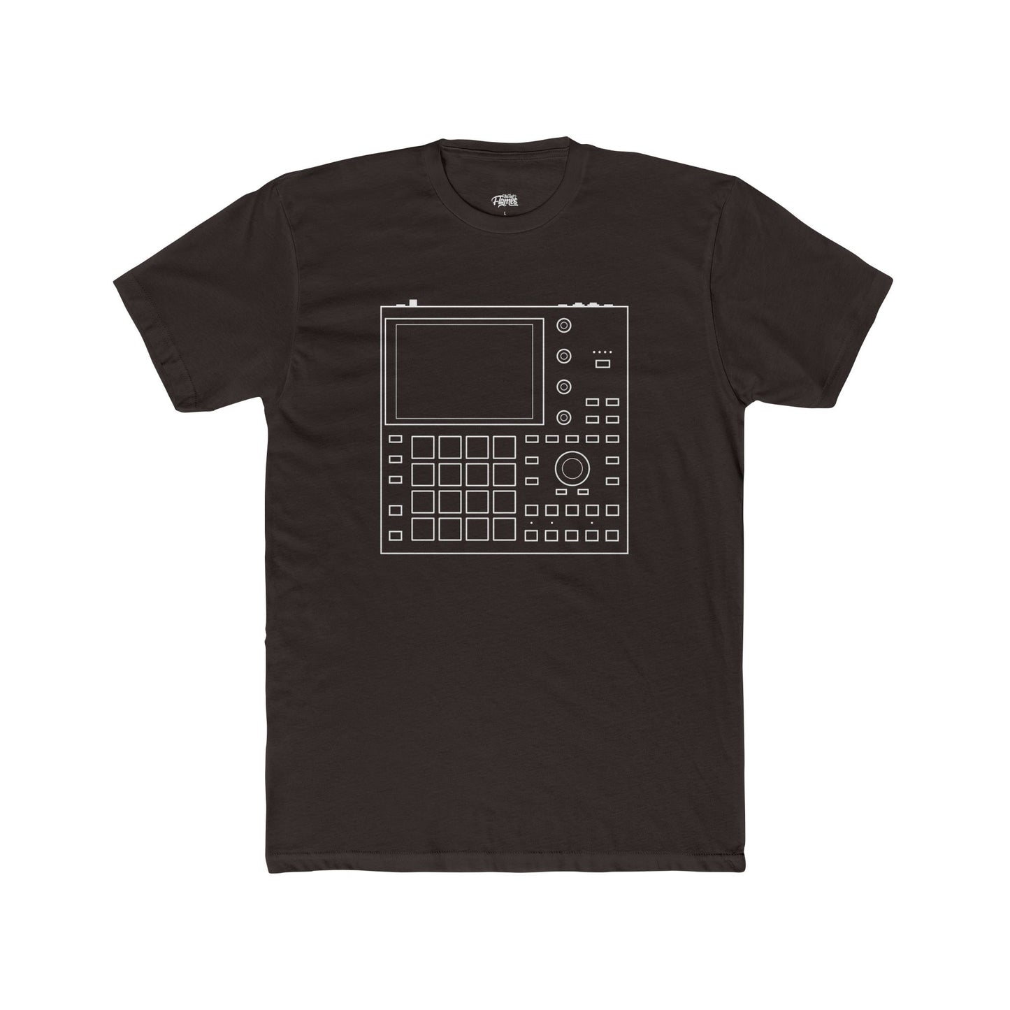 Brown t-shirt with a white graphic design on a white background