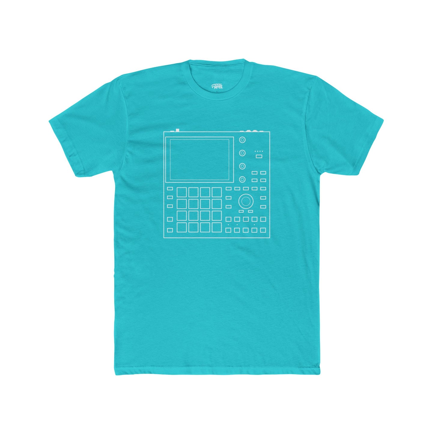 Turquoise t-shirt with a white graphic design on a white background