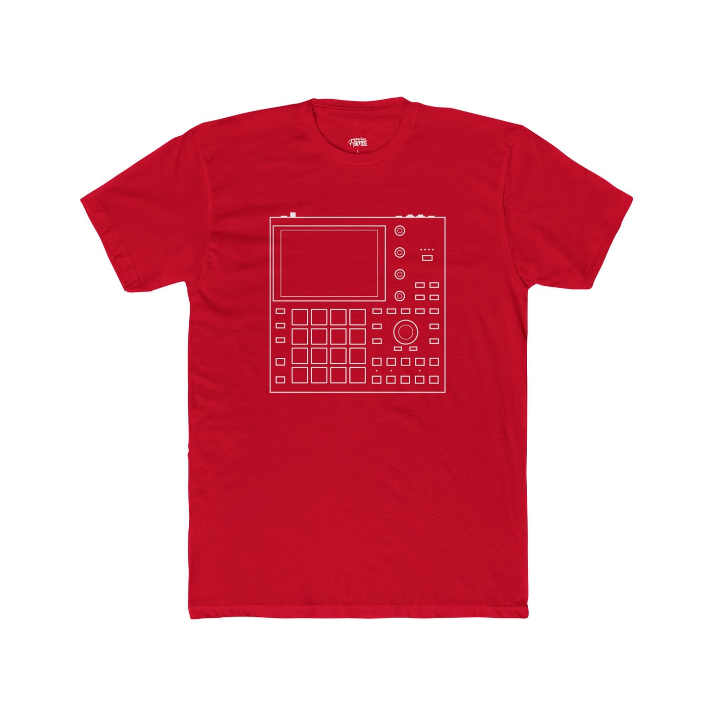 Red t-shirt with a white graphic design on a white background