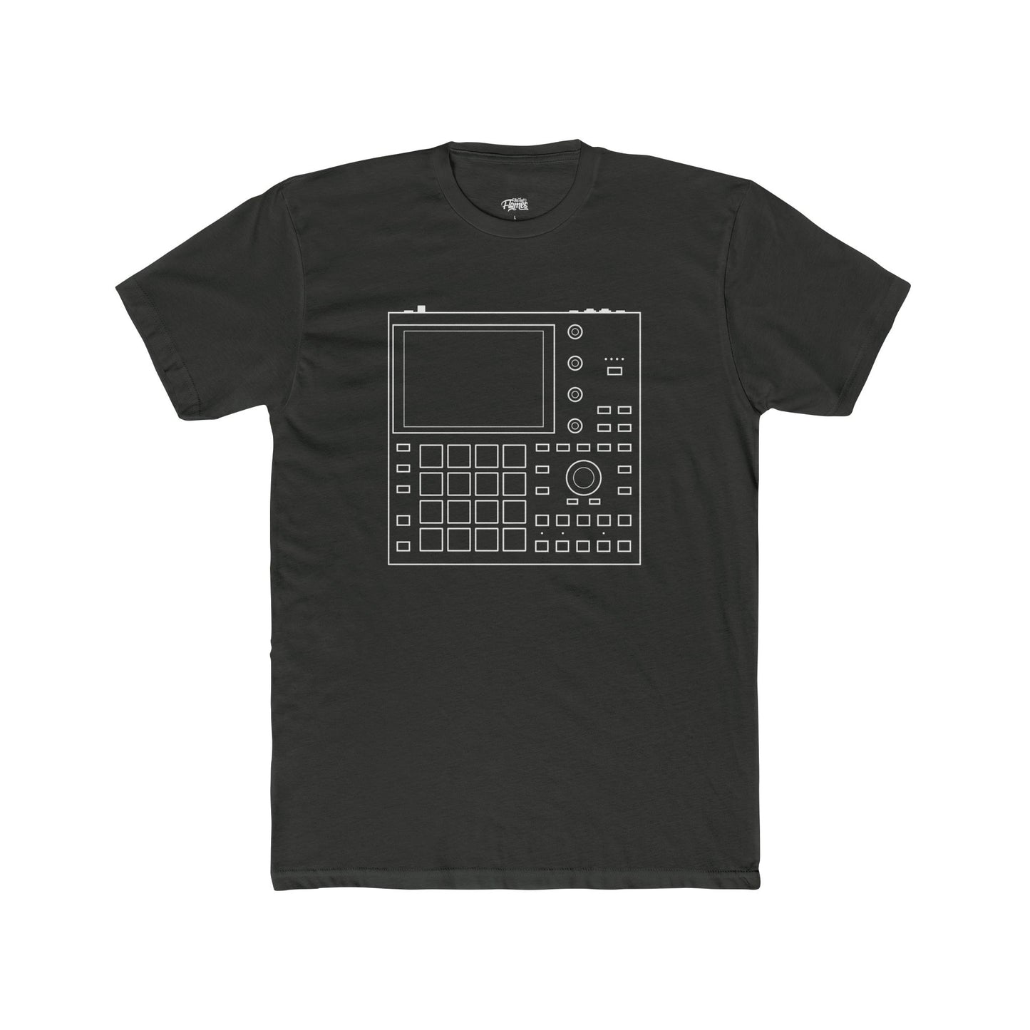 Gray t-shirt with a white graphic design on a white background