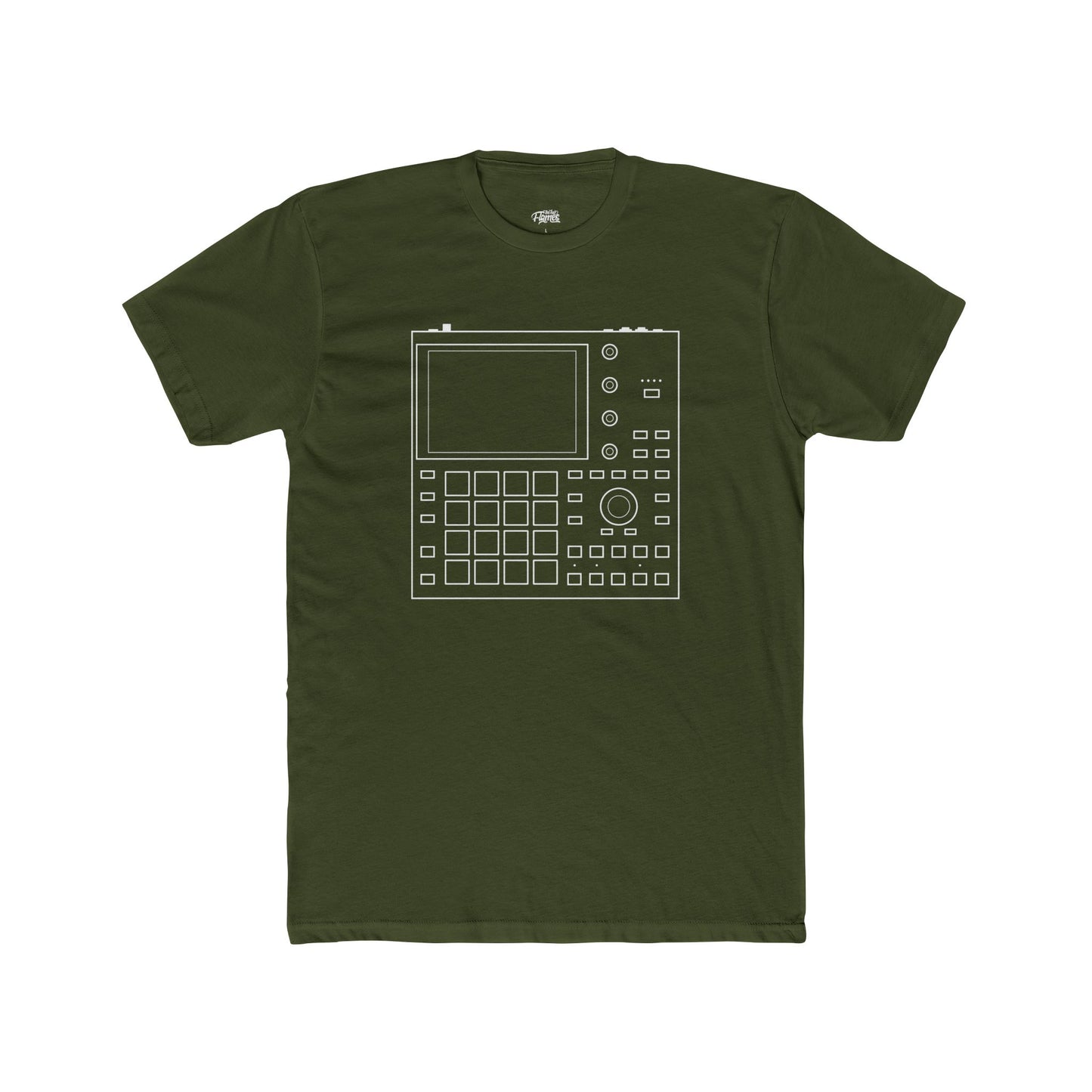 Green t-shirt with a white graphic design on a white background