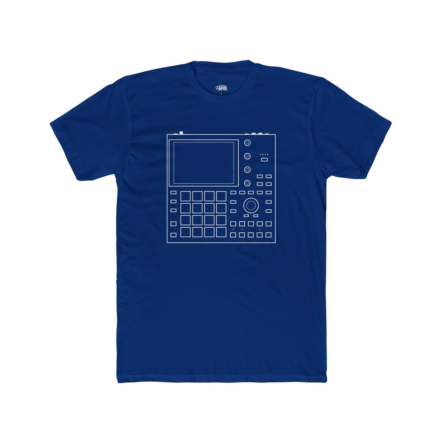 Blue t-shirt with a white graphic design on a white background