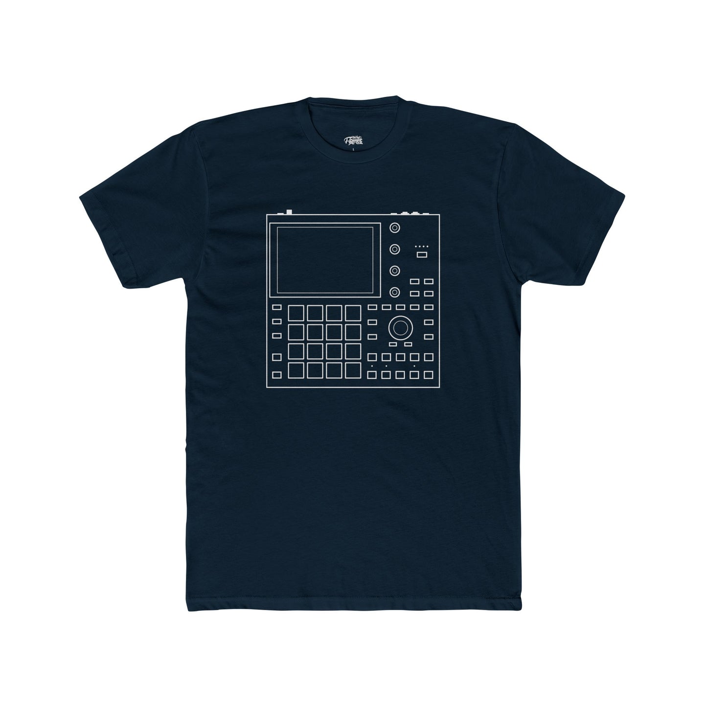 Navy blue t-shirt with a white graphic design on a white background