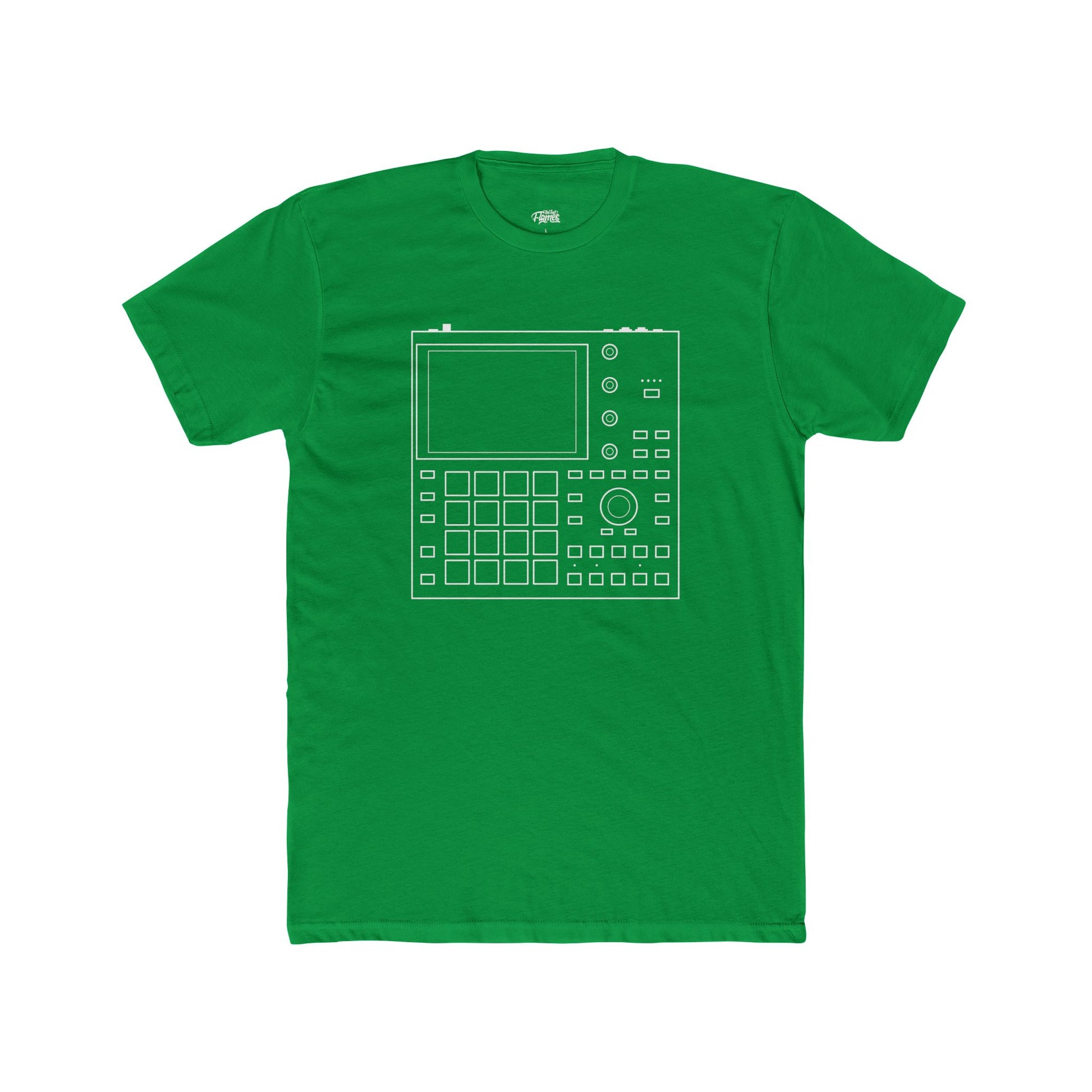 Green t-shirt with a white graphic design on a white background