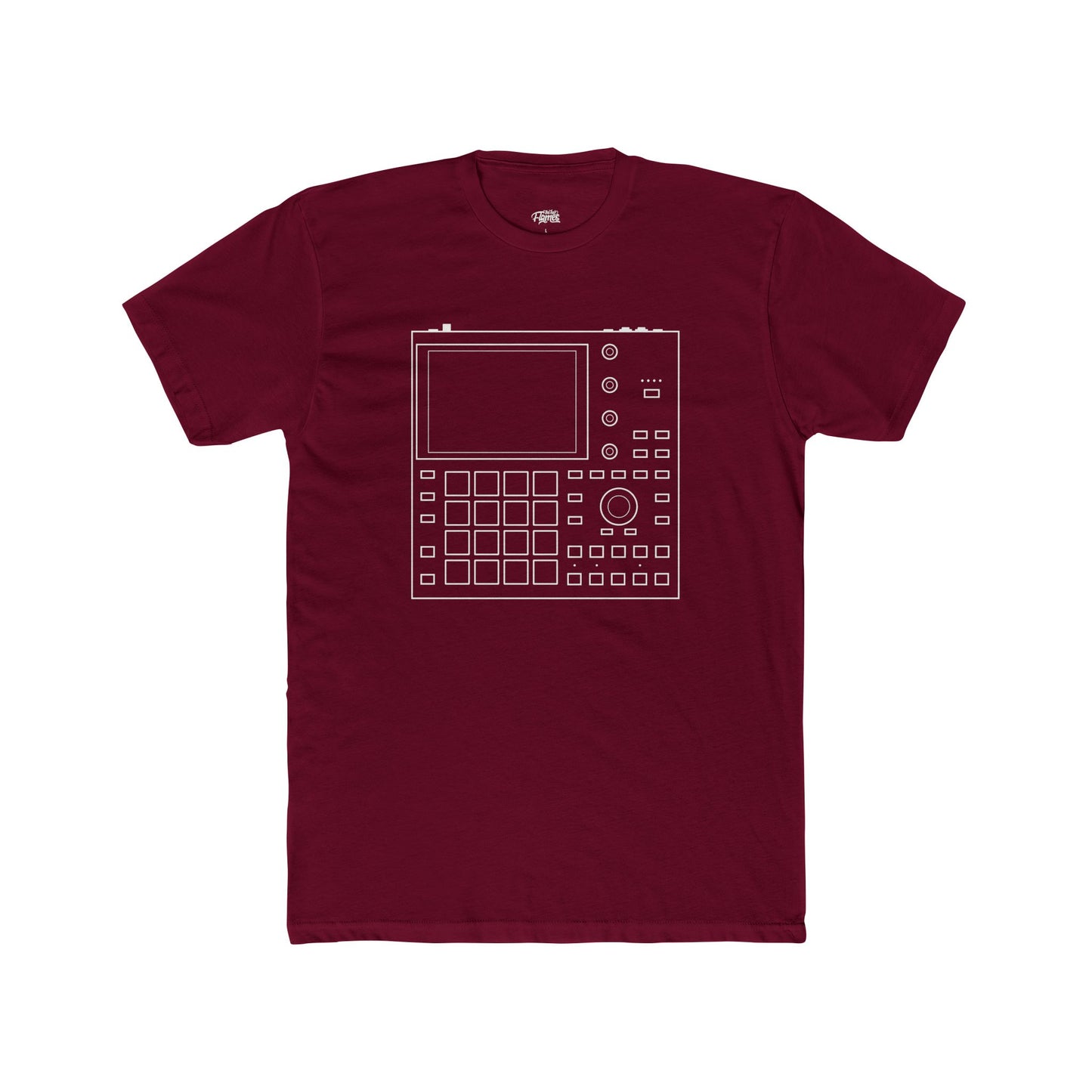 Maroon t-shirt with a white graphic design on a white background