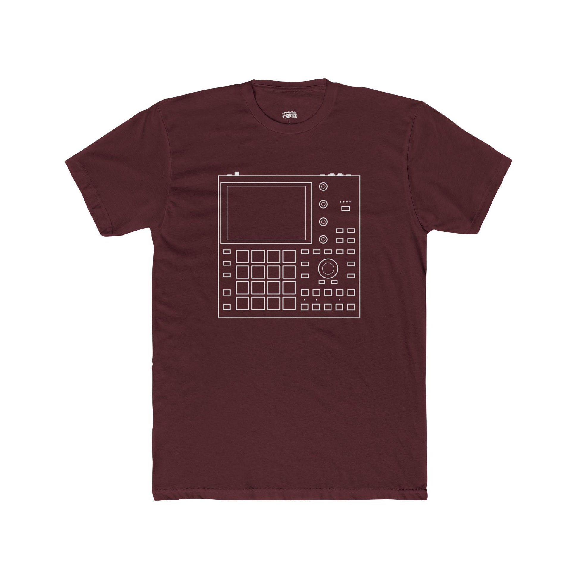 Maroon t-shirt with a white graphic design on a white background