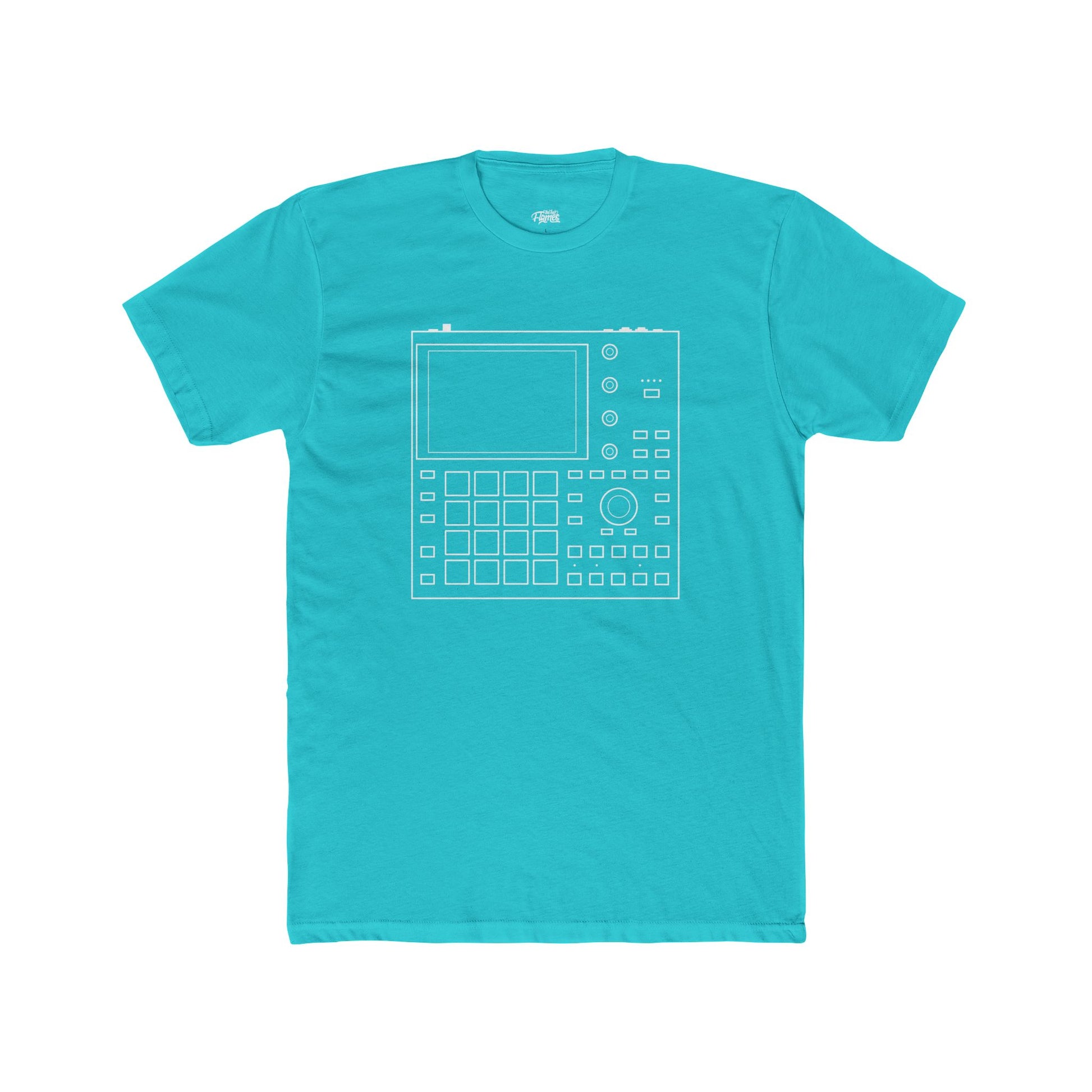 Turquoise t-shirt with a white graphic design on a white background