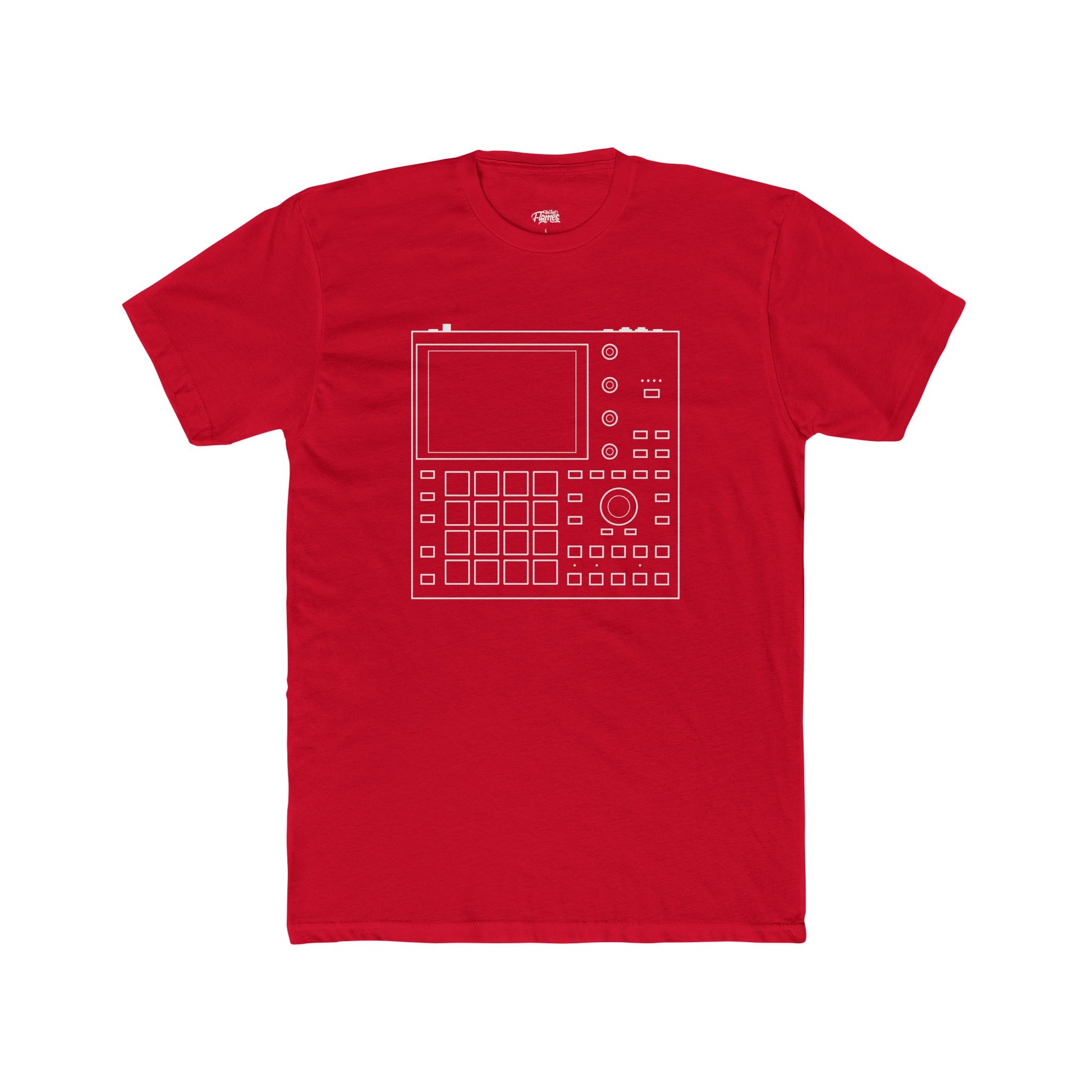 Red t-shirt with a white graphic design on a white background