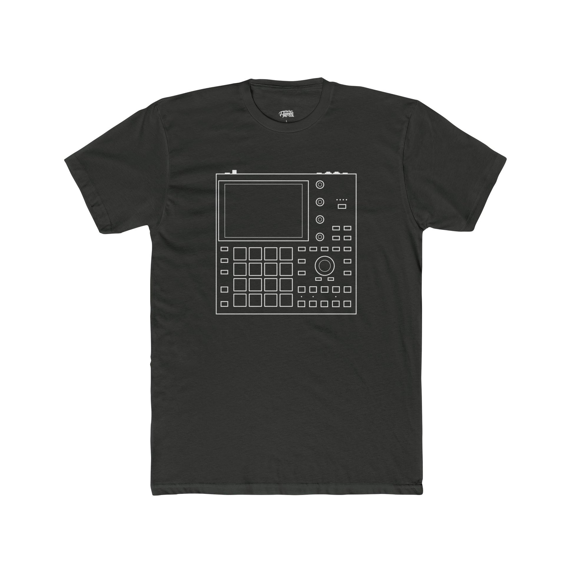 Gray t-shirt with a white graphic design on a white background