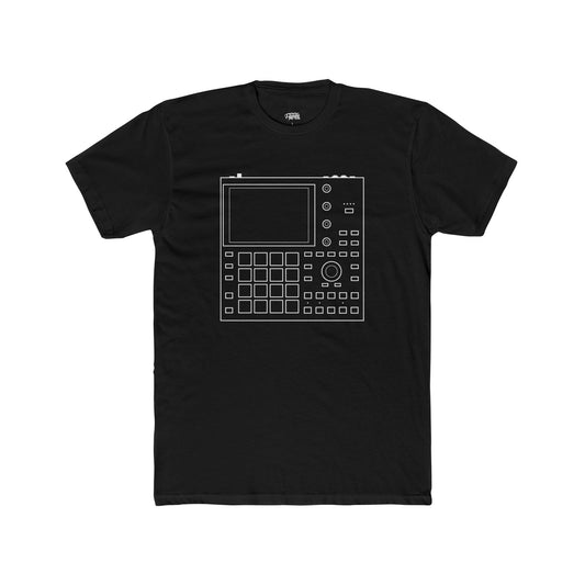 Black t-shirt with a white graphic design on a white background