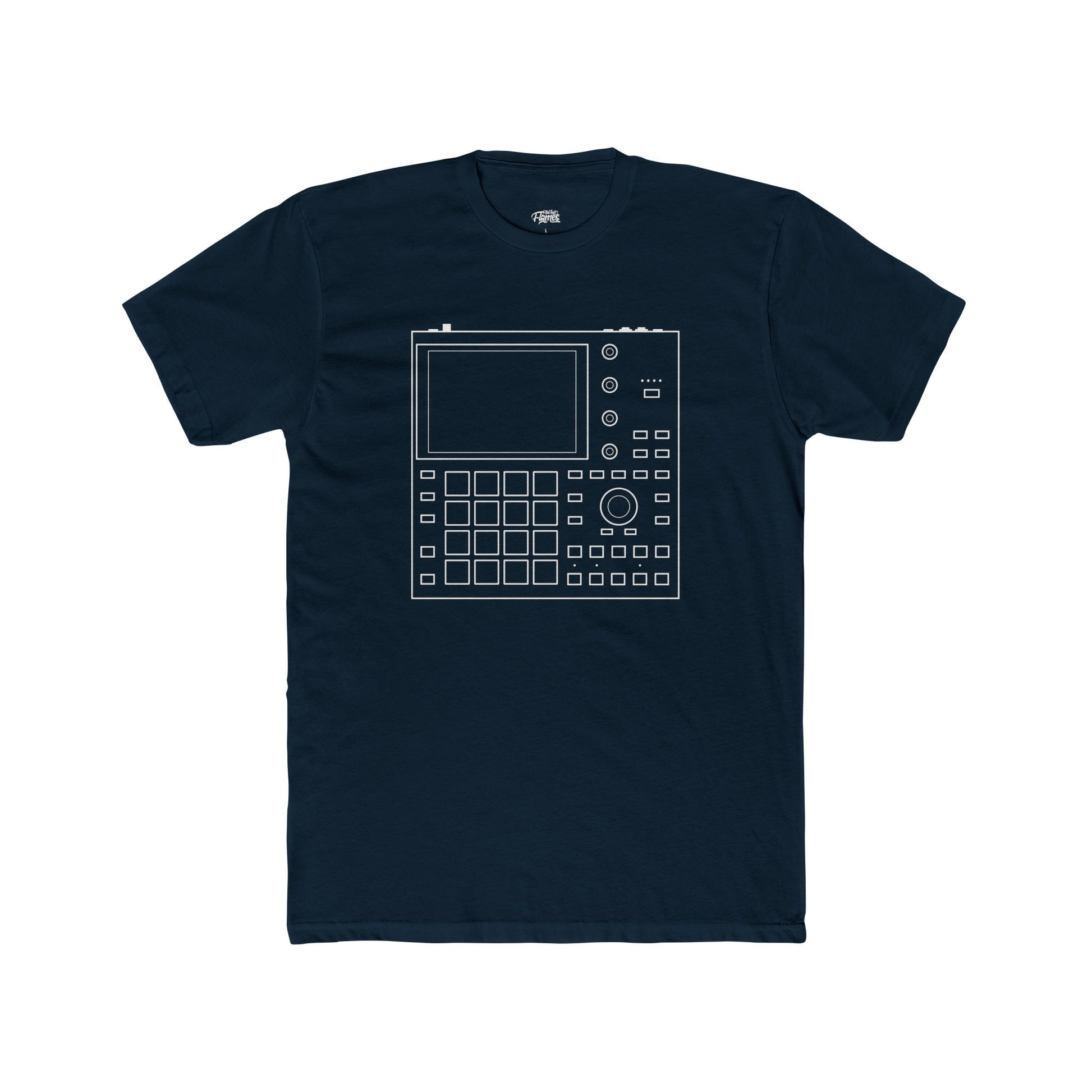 Navy blue t-shirt with a white graphic design on a white background